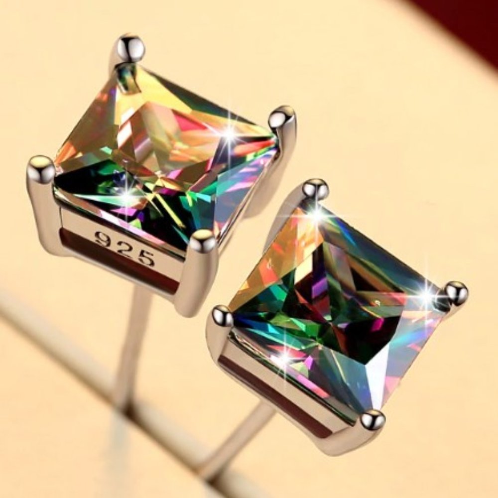 .925 Sterling Silver Mystic Rainbow Topaz Princess-Cut Earrings